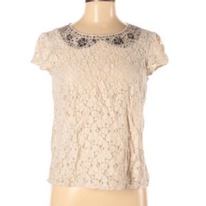 LOFT crocheted top: rhinestone collar, black tie S